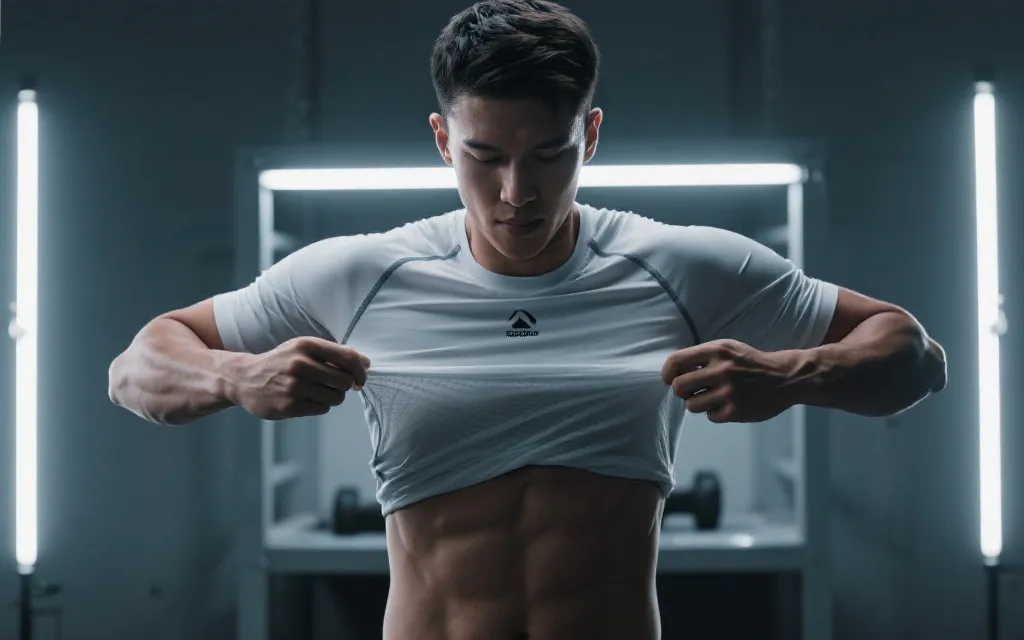 运动员在灯光下测试球衣透气与快干效果的场景