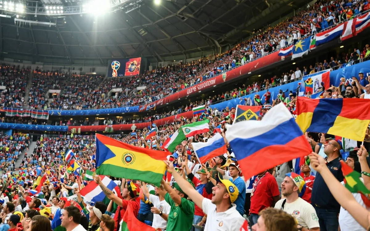 世界杯球迷在看台上为各自国家队加油的热烈场景