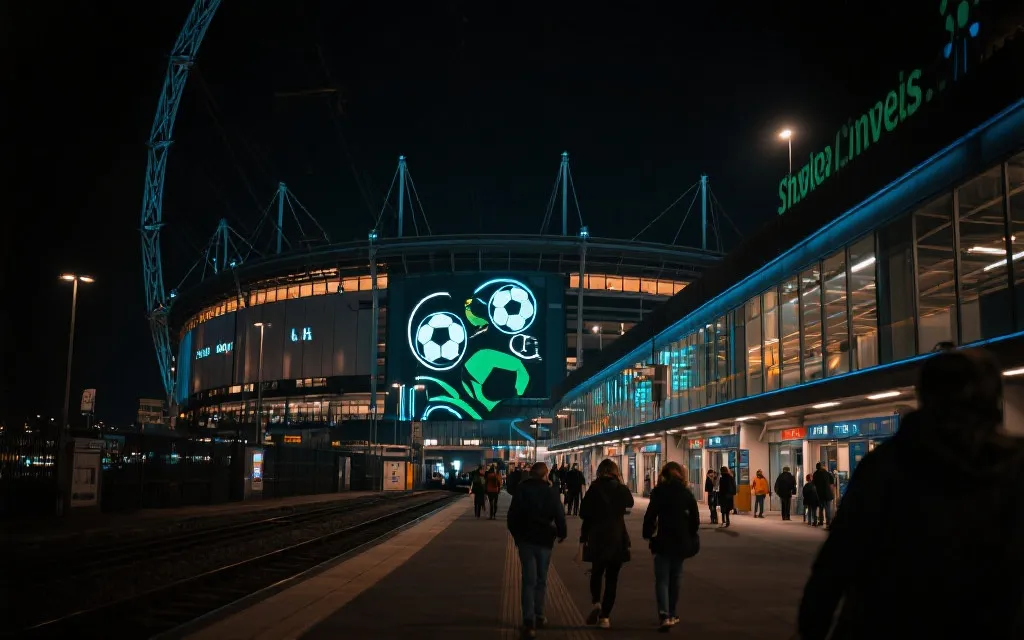城市轨道交通站外步行段的足球主题装置与夜景氛围